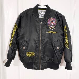 Y2K Ed Hardy Kids Skull Embroidered Bomber Jacket Black 6-6X